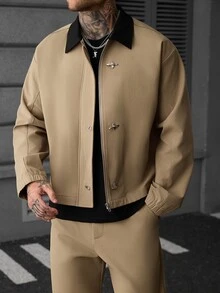SLATEMANN Men's Casual Long Sleeve Jacket And Pants Set With Snap Buttons - Khaki - View 3