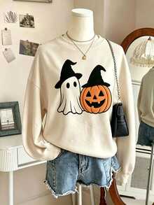 INAWLY Women's Autumn Halloween 3D Flocked Foam Print Crew Neck Sweatshirt - Khaki - View 3