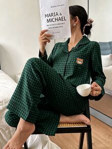 Dream Adore 女款格紋印花熊頭刺繡口袋前開扣長袖長褲睡衣套裝 - 墨綠色 - 查看 4