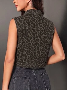 SHEIN Essnce 女款豹紋單排扣時尚牛仔背心外套 - 彩色 - 查看 2