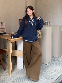 DAZY Women's Loose Front Tie Casual Sweater - Navy Blue - View 2