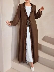 Graceveil Women's Arabic Abaya Elegant Casual Lantern Sleeve Ruffled Collar Front Opening Long Robe, Brown, Spring/Autumn Clothing - Brown - View 7