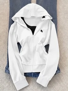 Girlism 青少年女孩秋冬新款基礎街頭風休閒白色純色針織小Logo刺繡圖案拉鍊連帽修身運動外套，返校季 - 白色 - 查看 3