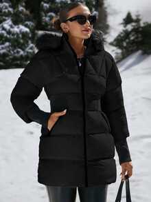 SHEIN Padded Coat With Furry Hood And Adjustable Waist, Two Side Pockets, Thick And Fashionable Puffer Jacket, Quilting Details - Black - View 1
