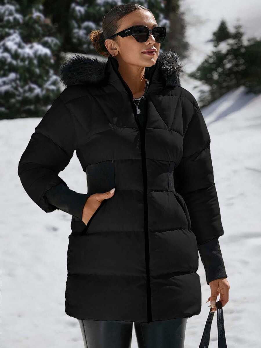 SHEIN Padded Coat With Furry Hood And Adjustable Waist, Two Side Pockets, Thick And Fashionable Puffer Jacket, Quilting Details - Black - View 1