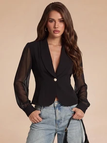 Bluhae Women's Black Mesh Patchwork Short Blazer Jacket, Sheer Mesh Petal Sleeve, Cinched Waist, Single Pearl Button, Commute Date Party Mature Style Cardigan, Spring Autumn - Black - View 1