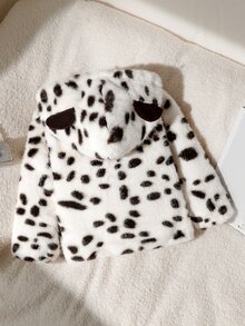 SHEIN Elladie kids 女童秋冬休閒西式卡其豹紋毛絨夾克，前拉鍊設計，提花可愛耳朵連帽開襟毛絨加厚外套 - 卡其色 - 查看 3