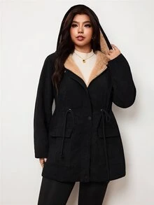 Enliva Plus Size Women's Hooded Padded Coat Drawstring Waist Flap Pocket Warm Outerwear Flattering Compatible With Apple Shape Rounded Body - Black - View 7