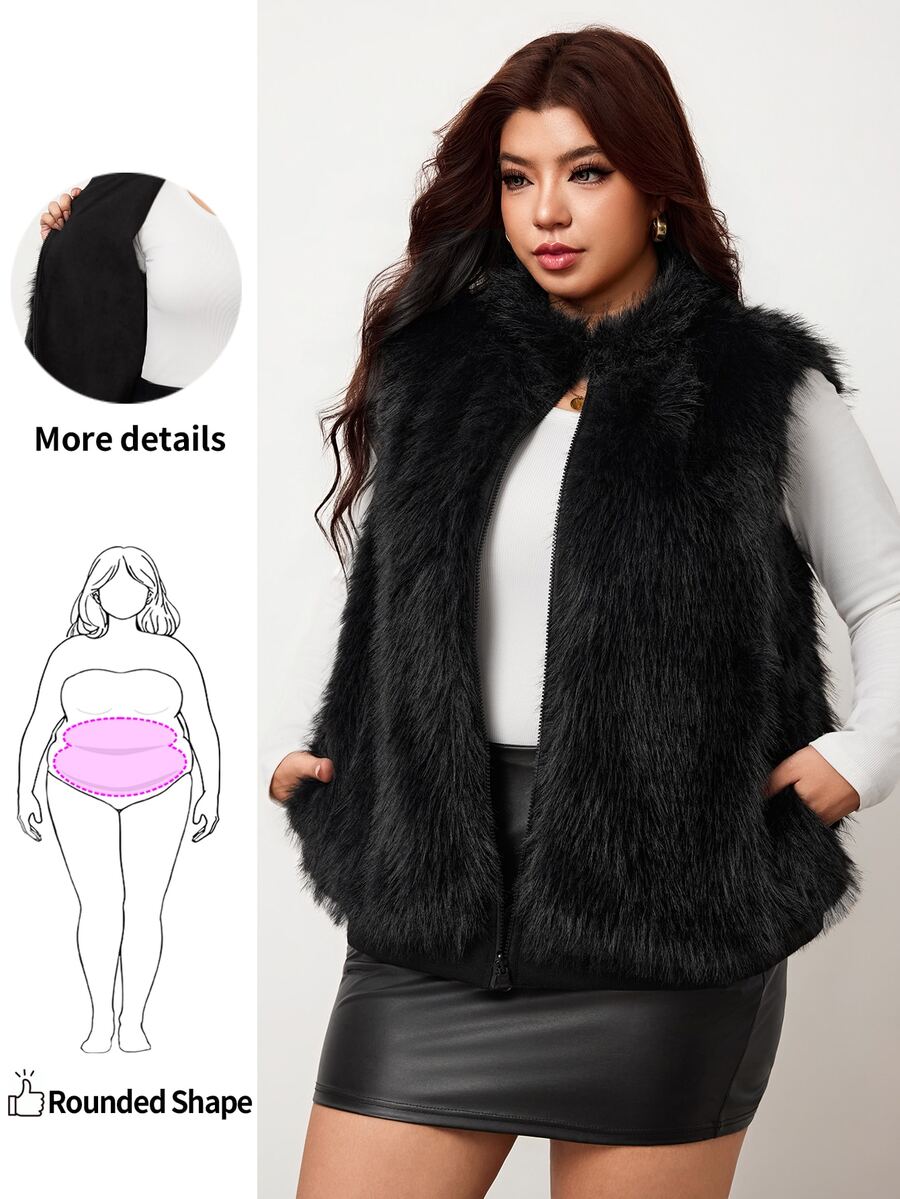 Enliva Plus Size Women's Reversible Vest Jacket Zip Front Sleeveless Faux Fur Warm Outerwear With Side Patch Pockets Flattering Compatible With Apple Shape Rounded Body - Black - View 1