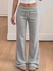 SHEIN Teen Girl Teen Girls Knit Grey Waistband Folded Casual Drawstring Long Pants - Grey - View 1