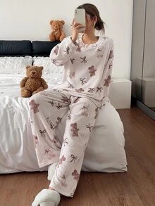 Napfluff Cute Striped Bear Print Crew Neck Long Sleeve Pants Pajama Set For Women - Khaki - View 6