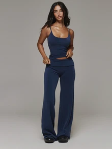 Musera Sport Fold Over Waist Wide Straight Leg Yoga Style Soft Touch Active Coord Trouser Only Sport Essentials Basics Gym Workout Autumn Fall Winter - Navy Blue - View 1