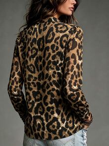 Trelyra Vintage French Style Long Sleeve Brown Leopard Print Ruffle Trim Single-Breasted Blouse, Suitable For Women, Brown Shirt, Autumn Style, Elegant Style, Holiday Outfit, Ruffle Top - Brown - View 2