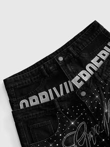 ROMWE MEN Goth Men's Streetwear Double Waistband Embroidered Rhinestone Denim Shorts - Black - View 4