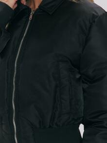 MUSERA Fold Over Collar Padded Balloon Fit Zip Through Cropped Bomber Jacket Fall Autumn Winter Daily Everyday Outerwear - Black - View 6