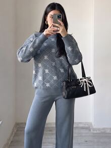 Solavon Women's Letter Print Long Sleeve Top And Pants Casual Daily Knit 2 Pieces Set - Blue - View 4