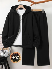Teen Boy 2pcs Teen Boy Casual Sporty Basic Gray Hooded Zip-Up Autumn Sweatshirt And Sweatpants - Black - View 3