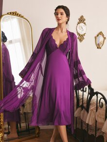 Côtesoire Women's Lace Patchwork Camisole Dress And Robe Casual Loungewear Sleepwear Set - Purple - View 6