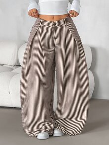 SHEIN PETITE 女款休閒通勤棕色紋理條紋寬鬆長褲，適合休閒通勤、休閒外出、日常穿著、休閒外出穿搭，實用條紋長褲，條紋寬鬆長褲 - 杏色 - 查看 1