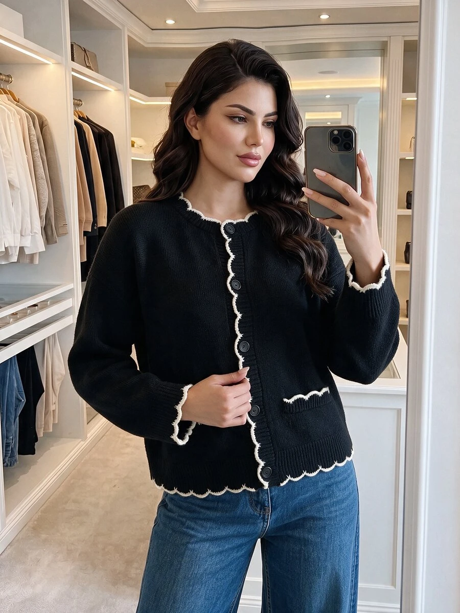 Dripcurv Women Plus Size Autumn/Winter Elegant Daily Lace Trim Colorblock Button Front Long Sleeve Cardigan - Black and White - View 1
