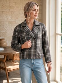 EMERY ROSE Women's Plaid Casual Versatile Daily Office Outing Overcoat Grey Plaid Autumn Winter Coat - Multicolor - View 4