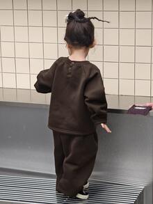 DAZY Infant (Girl) Round Neck Casual Loose Long Sleeve Sweatshirt 2 Pieces Set - Coffee Brown - View 2