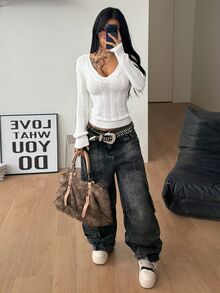 Coolane 女款秋冬優雅休閒基礎日常穿著 100%純棉保暖V領長袖修身白色針織衫 - 白色 - 查看 2