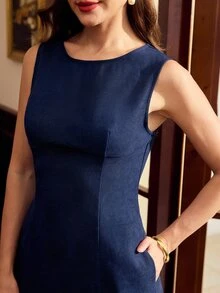 Vintamour 女款優雅時尚口袋收腰商務洋裝 - 藏蓝色 - 查看 5