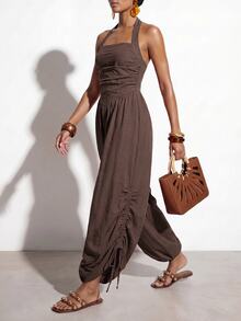 Zivah Women's Halter Neck Backless Tie Back Wide Leg Drawstring Jumpsuit - Coffee Brown - View 1