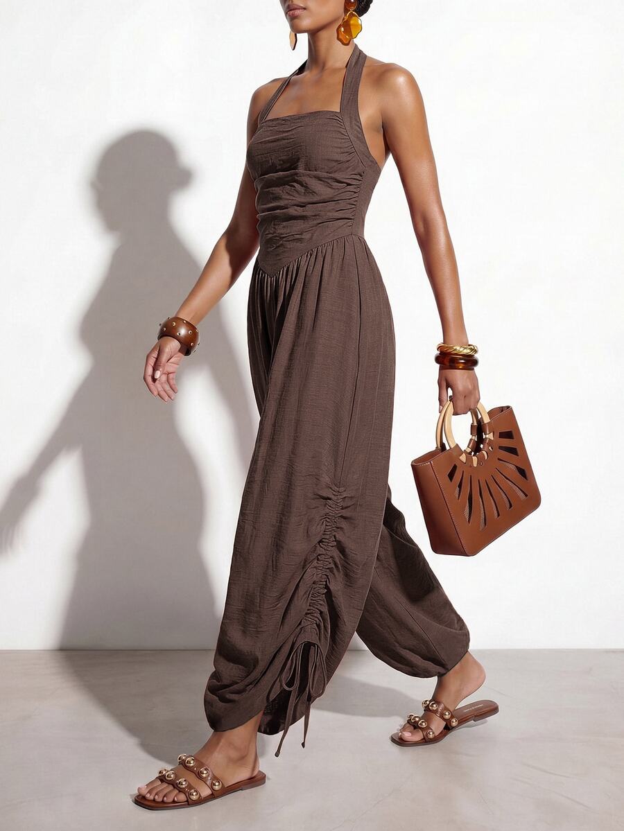 Zivah Women's Halter Neck Backless Tie Back Wide Leg Drawstring Jumpsuit - Coffee Brown - View 1