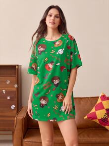 HARRY POTTER X SHEIN 女款全印花休閒日常居家睡裙 - 綠色 - 查看 1