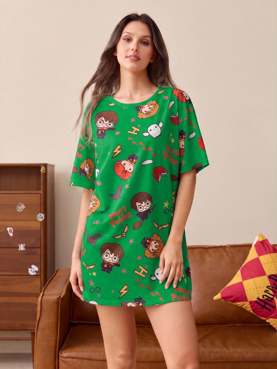 HARRY POTTER X SHEIN 女款全印花休閒日常居家睡裙 - 綠色 - 查看 1