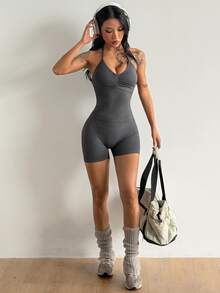 Coolane Women Seamless Ruched Yoga Set, Sports Bra Top & High Waist Biker Shorts - Grey - View 2