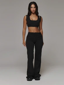 Musera Sport Fold Over Ruched Waist Logo Back Fitted Flare Wide Leg Yoga Style Leggings Sport Essentials Gym Workout Basics Autumn Fall Winter - Black - View 1