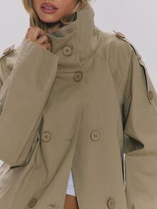 MUSERA High Funnel Neck Double Button Front Oversized Cropped Trench Style Jacket Fall Autumn Winter Daily Everyday Outerwear - Khaki - View 6