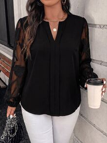Reflora Plus Size Women's Mesh Patchwork Casual Daily Wear Blouse - Black - View 7