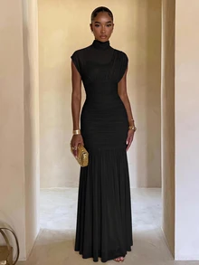 Lumalex Rok Bodycon Lengan Pendek Kerah Tinggi Bahan Jala Lembut yang Mengalir dengan Pinggang Berkerut dan Model Mengembang Penuh - Hitam - View 7