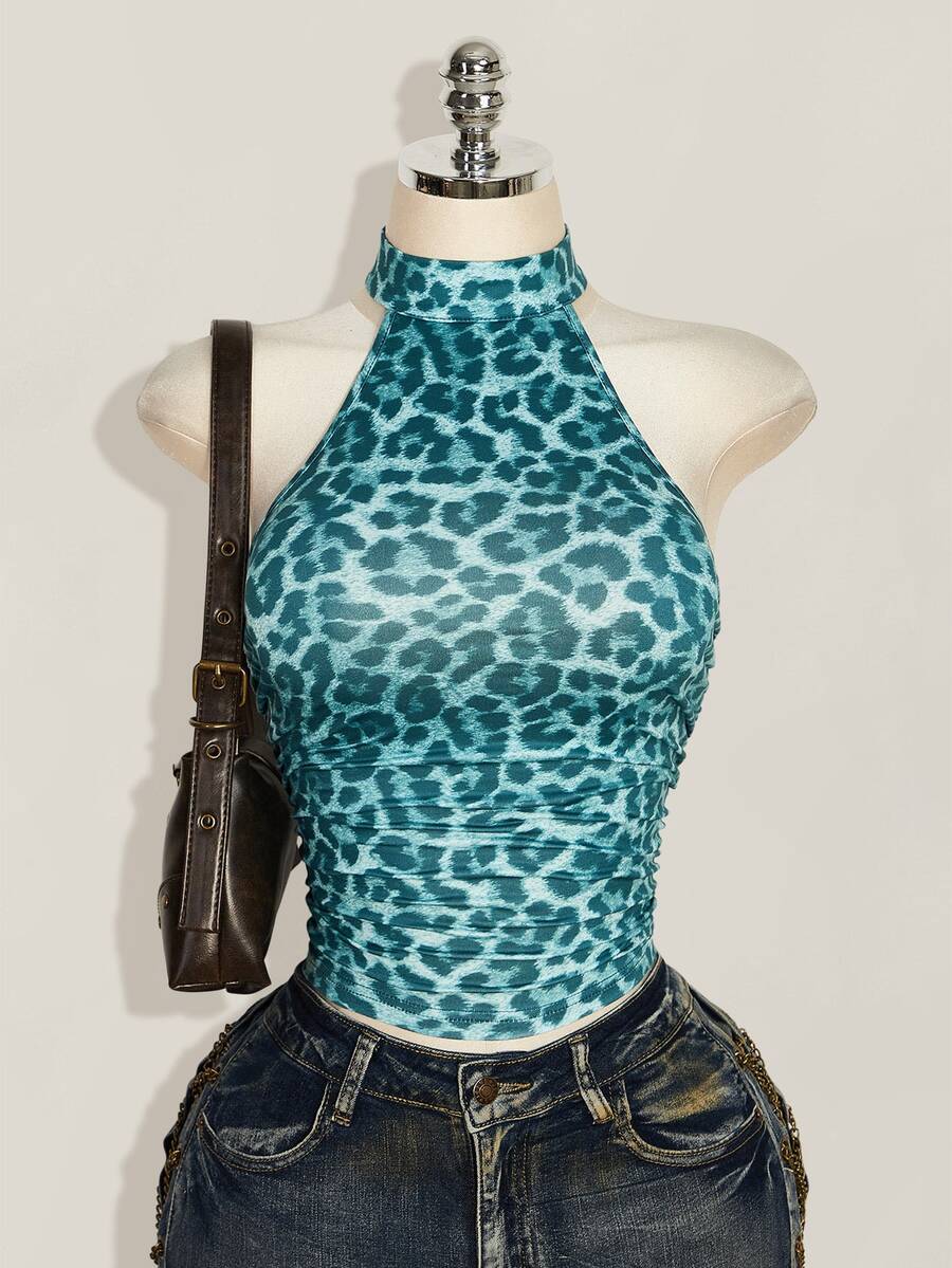 SHEIN ICON Women's Leopard Print Slim Fit Versatile Daily Wear Halter Neck Top - Blue - View 1