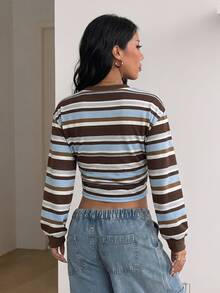 Coolane Women's Striped Crew Neck Drop Shoulder Long Sleeve Casual Cropped Sweatshirt - White - View 7