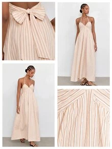 Maija Women's Halter Neck Striped Pattern High Waist Ruffle Hem Open Back Dress Beach Vacation Pink Stripe Summer Tropical Boho - Coffee Brown - View 7