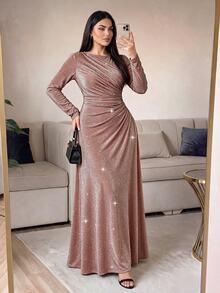 SHEIN Lady Plus Size Women's Shiny Pleated Elegant Waist-Cinched Party Dress - Brown - View 3