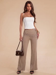 Bluhae Celana Panjang Wanita Khaki Musim Gugur yang Modis, Elegan, Pas Badan, dengan Hiasan Renda - Khaki - View 4