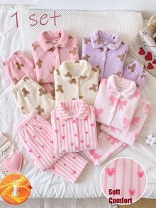2pcs Set Piyama Anak Perempuan Nyaman Lembut Tebal dan Halus Motif Garis Vertikal Pink dan Hati dengan Kerah Terbuka di Depan, Lengan Panjang dan Celana Panjang - Berwarna merah muda - View 1