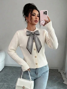 SHEIN 白色圓領蝴蝶結前綁帶開襟衫，秋冬款 - 白色 - 查看 8
