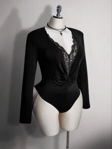 SHEIN ICON Women Plus Size Lace Patchwork Casual Daily Long Sleeve Bodysuit - Black - View 5