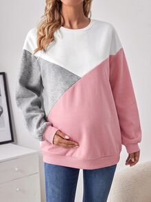 SHEIN Maternity Minimalist Versatile Colorblock Long Sleeve Sweatshirt For Daily Wear - Pink - View 4