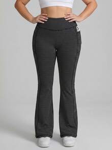Easithlete Plus Size Black & Grey Contrast Stitching Flared Leg Pants With Pockets - Black - View 5