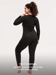 LUVLETTE Plus Women's Thermal Underwear Ultra-Soft Base Layer Cold Weather Warm Winter PJ Set Round Neck Top And Long Bottoms - Black Lightweight And Warm Set  - Black - View 3