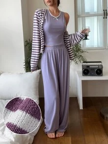 DAZY Women's Striped Long Sleeve Top, Bow Decor Tank Top And Pants Pajama Set - Purple - View 3