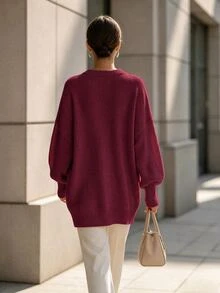 SHEIN 女款素色休閒百搭日常長袖針織衫 - 酒紅色 - 查看 2